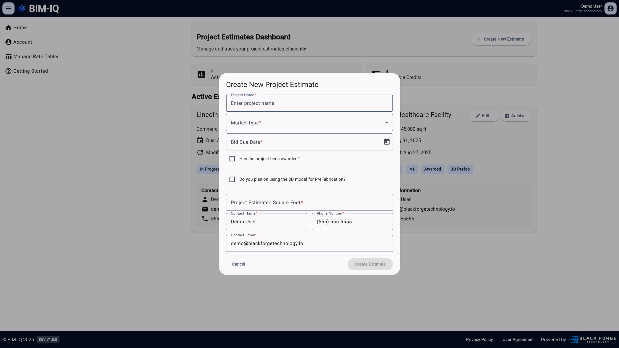 BIM-IQ project setup screen for BIM estimating