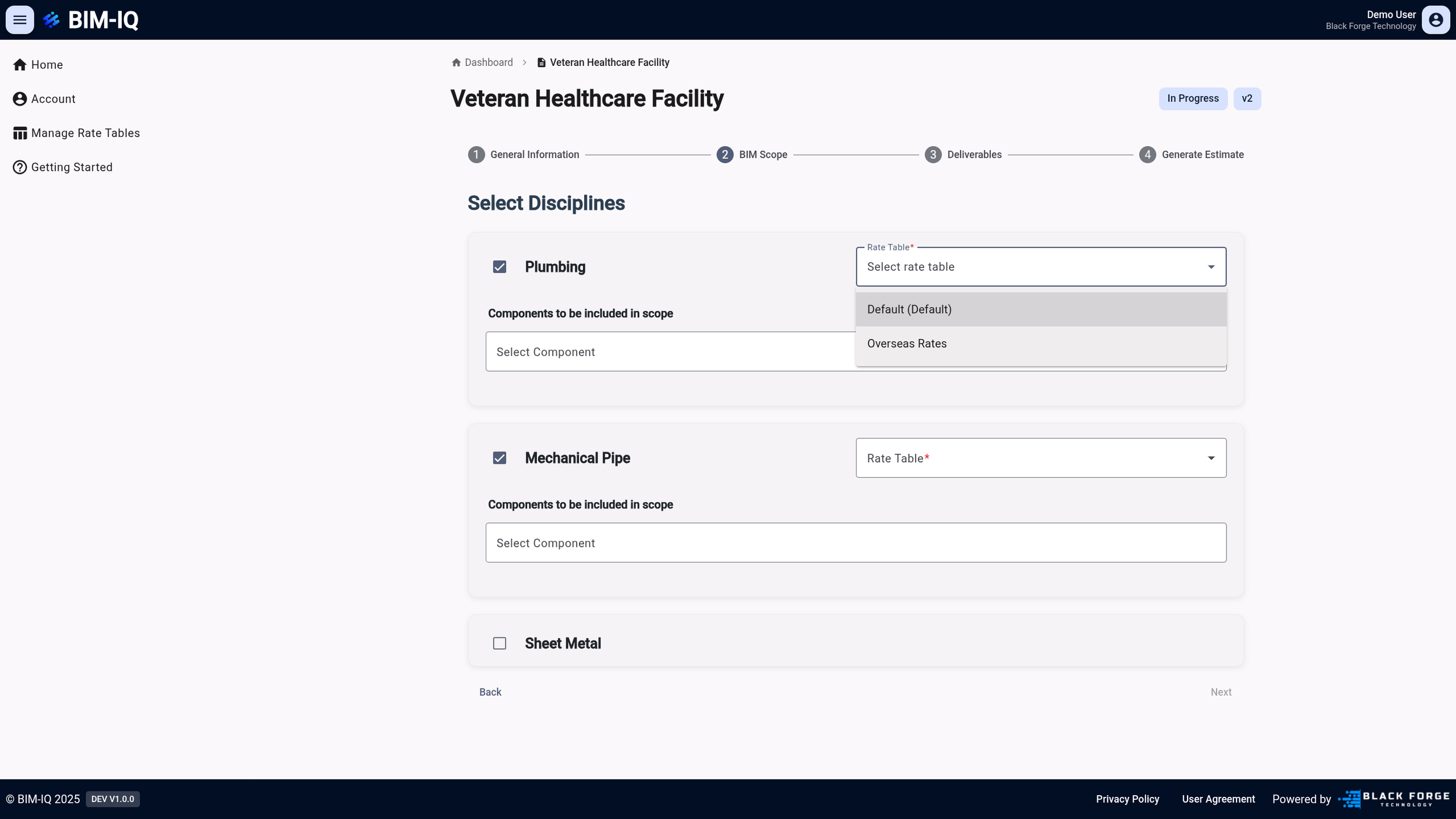 Discipline and rate configuration in BIM-IQ