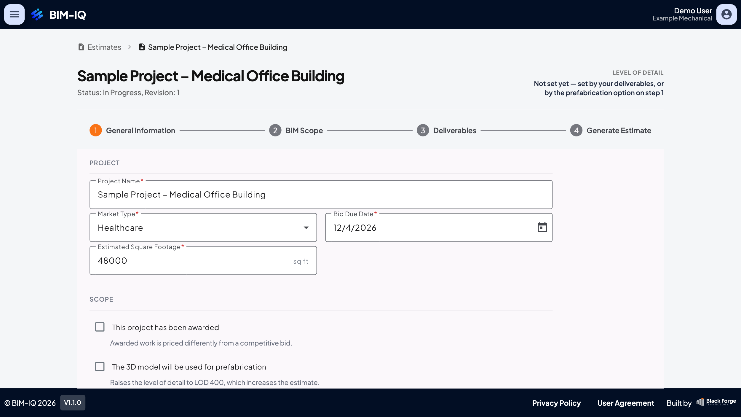 BIM-IQ project setup screen for BIM estimating