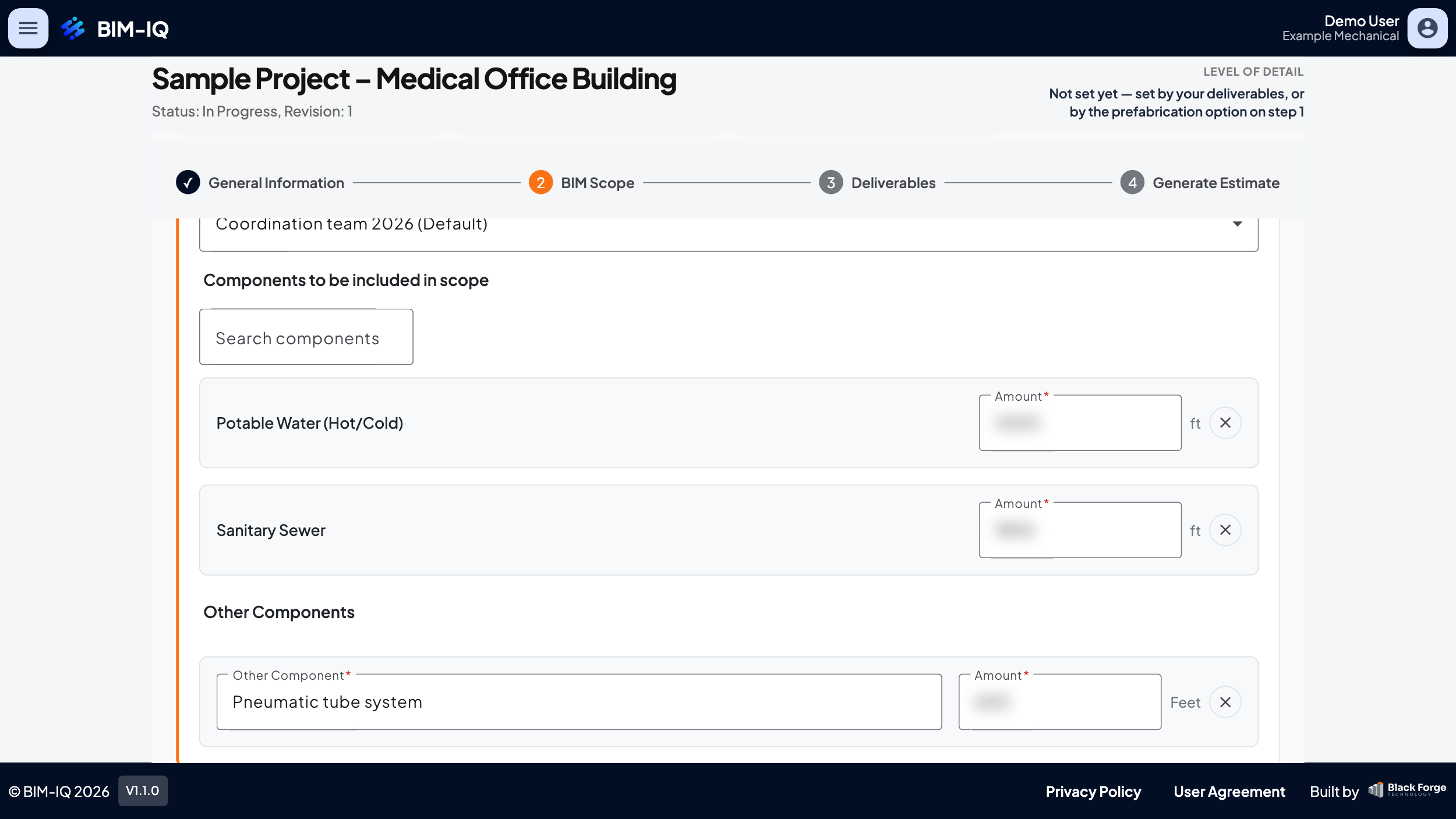 Quantity entry for BIM scope in BIM-IQ