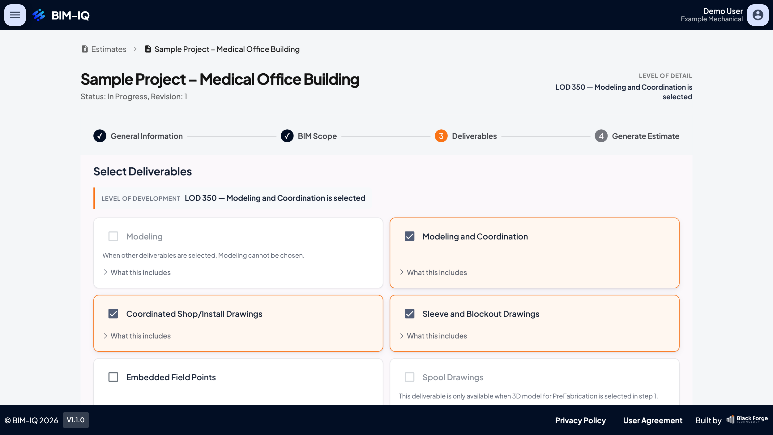 Deliverables and LOD selection in BIM-IQ