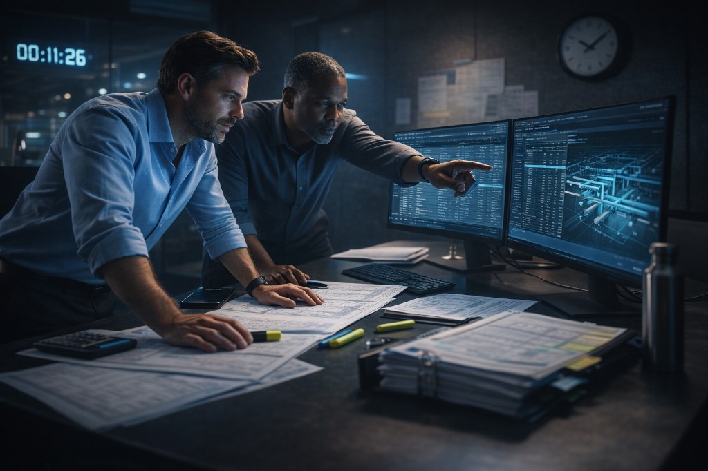 Two preconstruction professionals reviewing BIM models, estimates, and bid documents at a desk under deadline pressure
