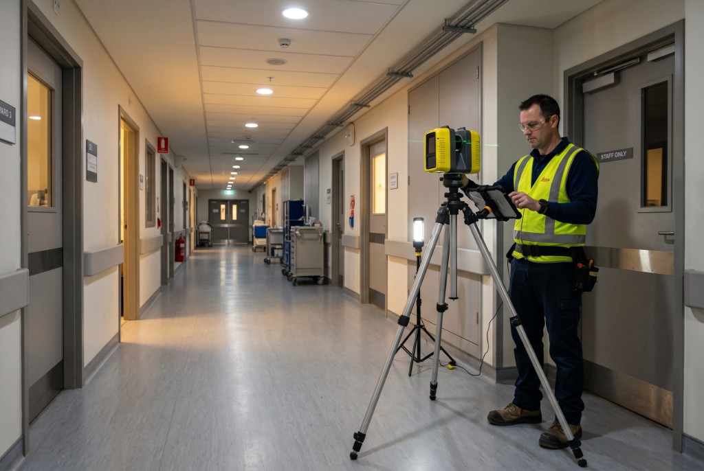 Technician performing 3D laser scanning in an occupied building corridor during off-hours