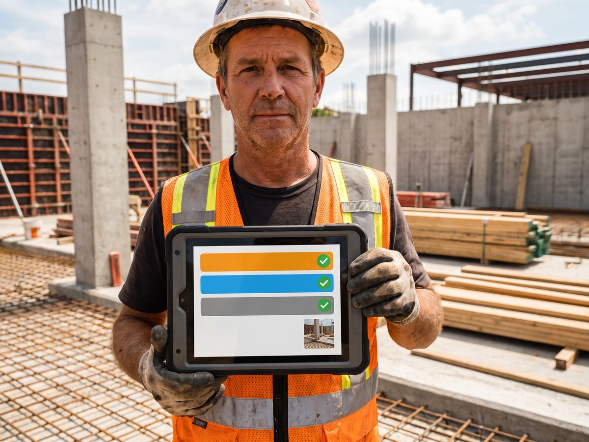 Foreman on site holding a tablet with a simple checklist app
