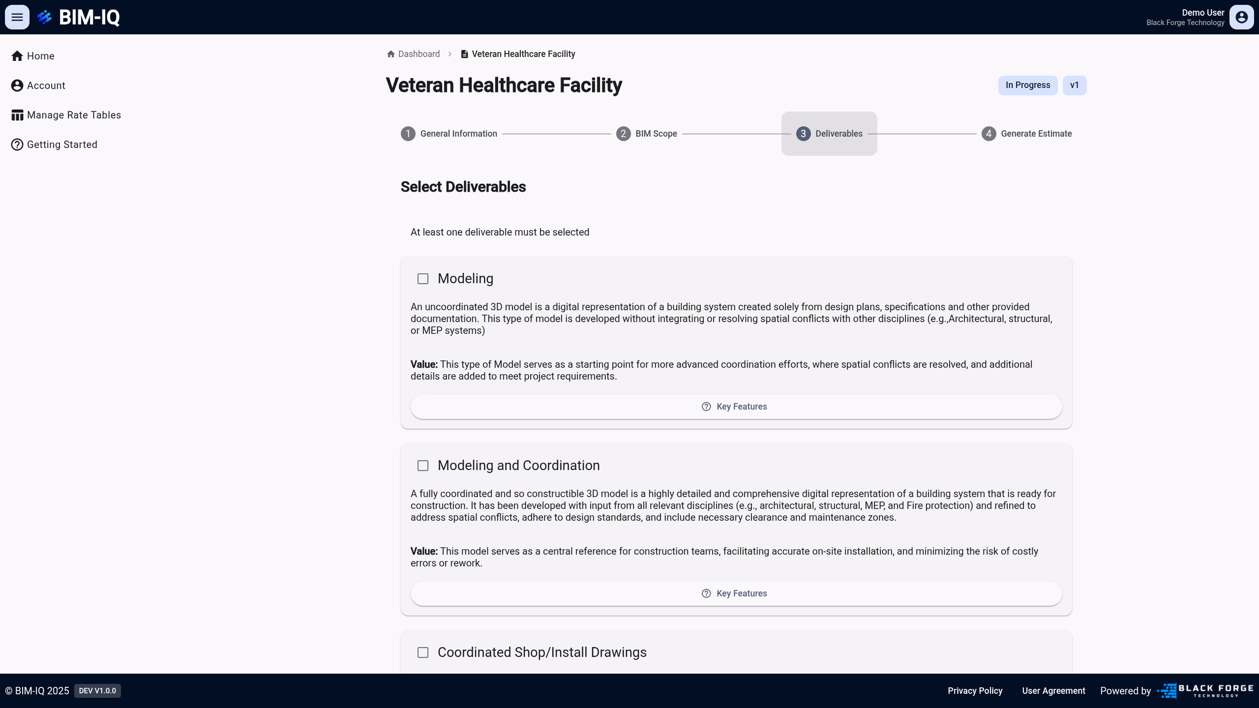 Deliverables and LOD selection in BIM-IQ