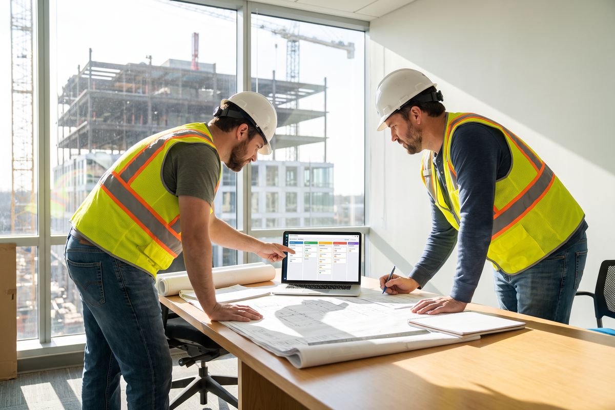 Project manager and estimator reviewing a bid pipeline on a laptop