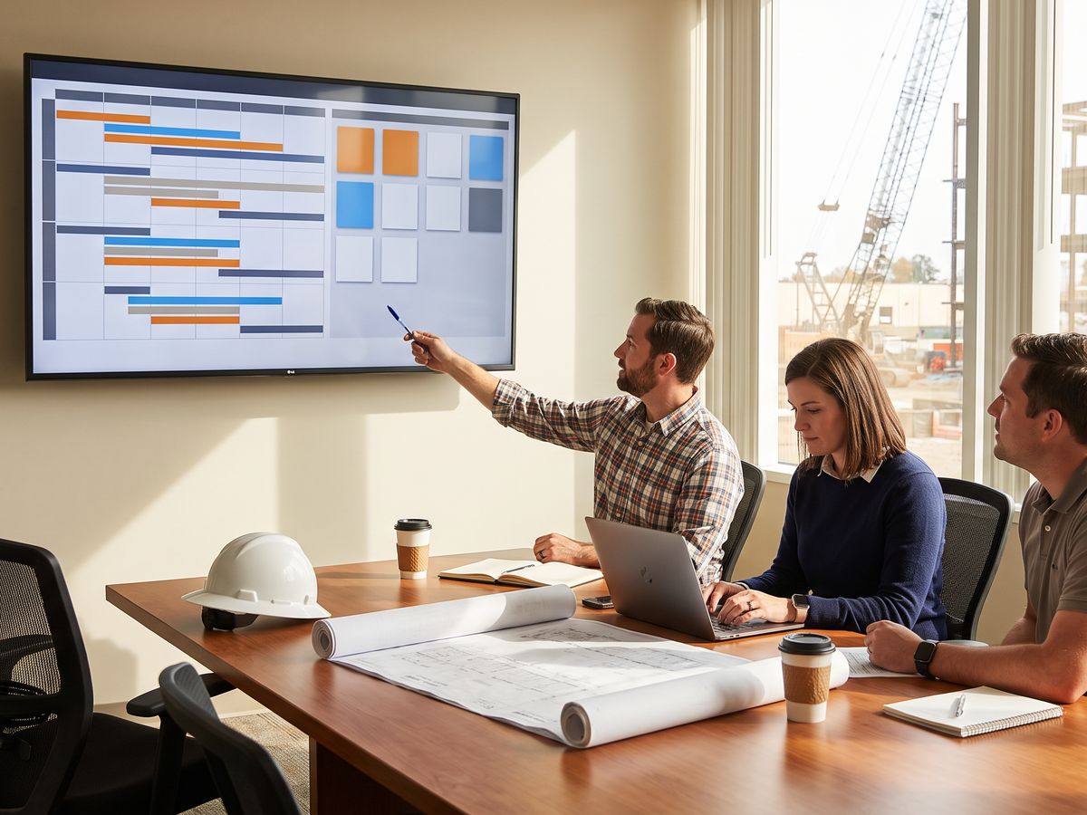 Preconstruction team reviewing a bid calendar on a wall screen