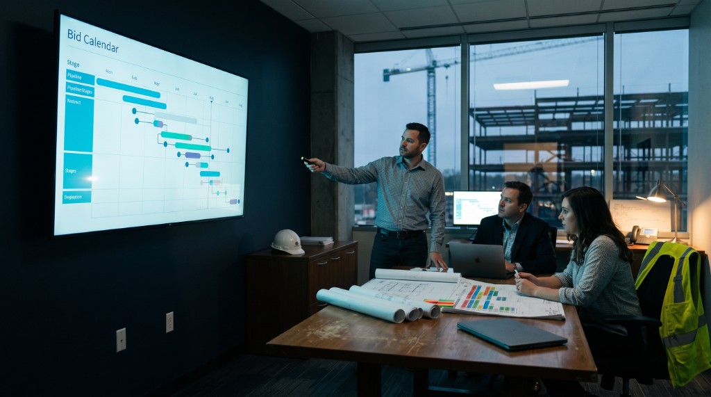 Salesforce implementation team reviewing bid calendar with construction firm