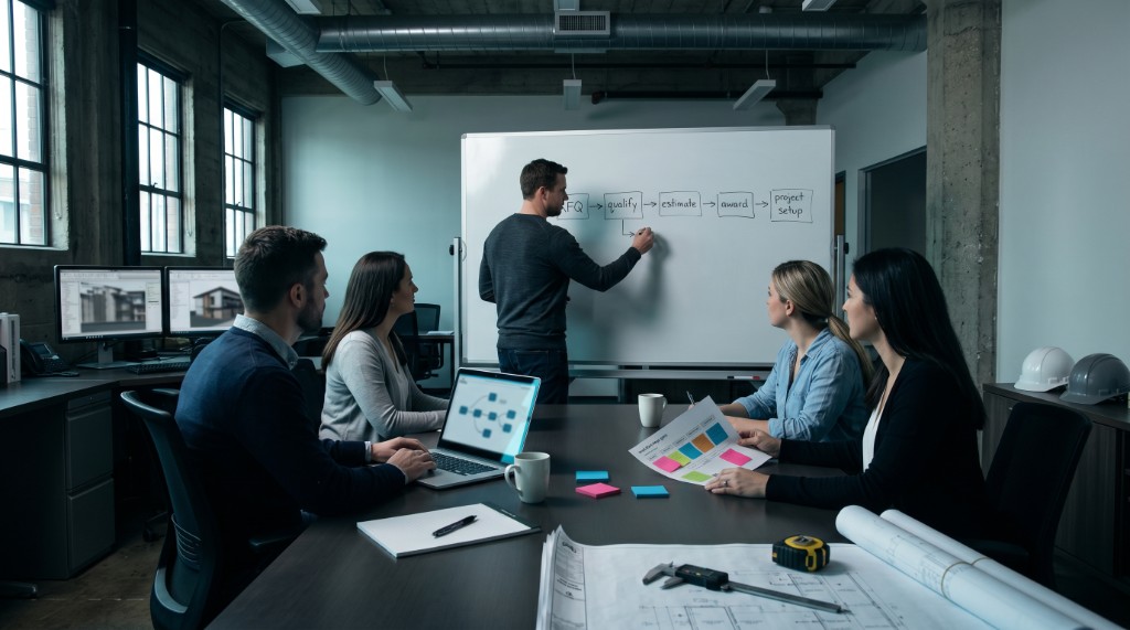 Salesforce implementation team mapping RFQ through project setup on a whiteboard with construction blueprints