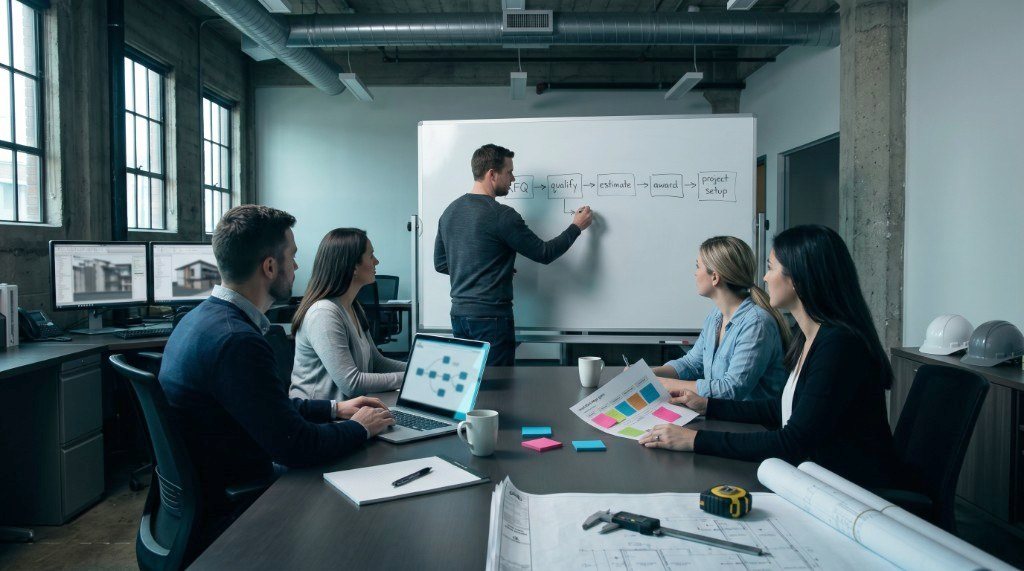 Planning session at a whiteboard, mapping a construction workflow from RFQ to project setup